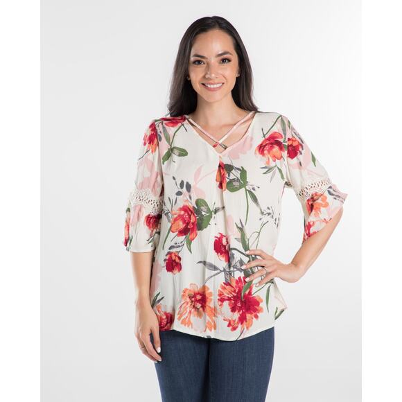 Ivory Multi Color Floral 3/4 Sleeve Top - Medium - Picture 1 of 12